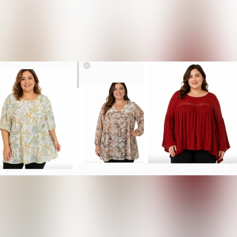 Plus Tunic Sz 2XL Burgundy Beige Peasant Long-Sleeve Top Flowy Bundle 3PcsBlouse